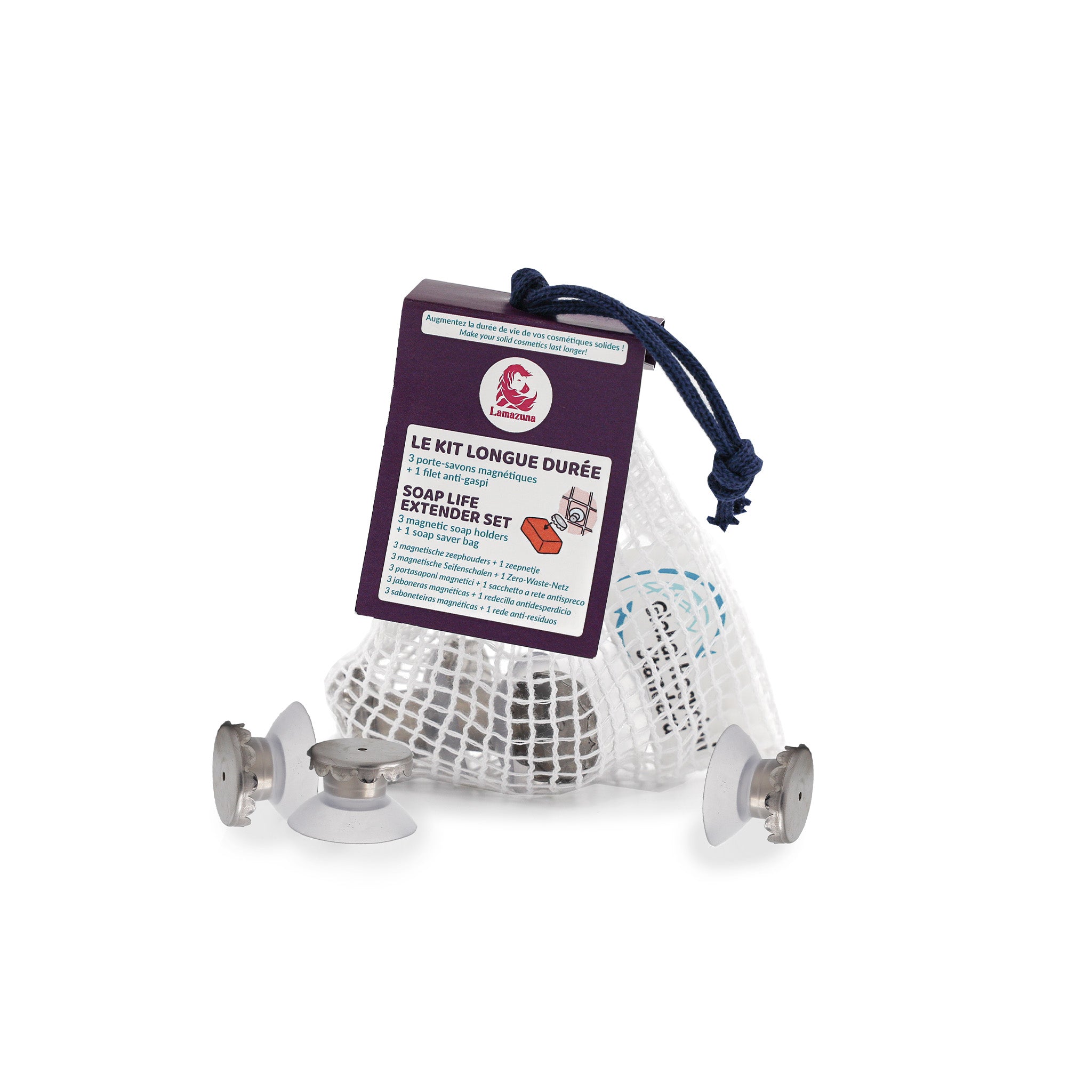 Composition du kit, 3 portes savons et un filet anti-gaspi sur fond blanc
